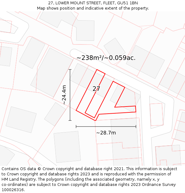 27, LOWER MOUNT STREET, FLEET, GU51 1BN: Plot and title map