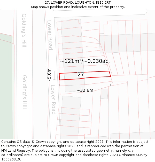 27, LOWER ROAD, LOUGHTON, IG10 2RT: Plot and title map