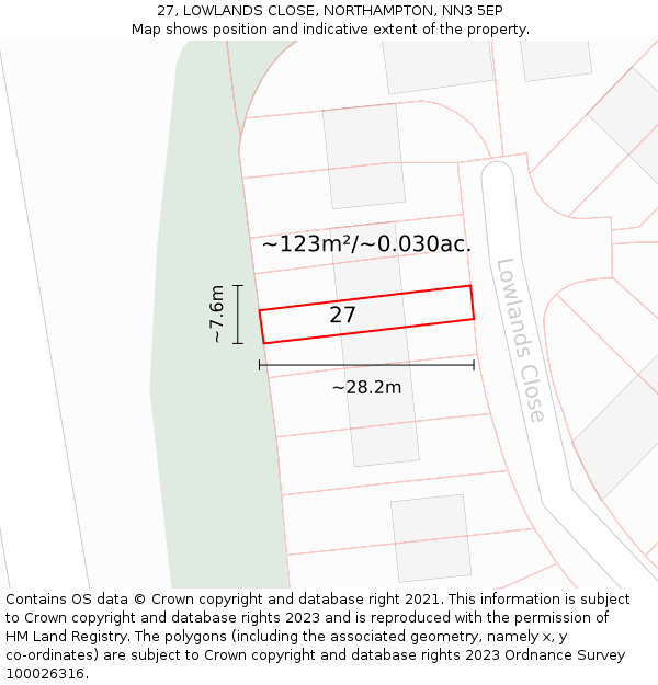 27, LOWLANDS CLOSE, NORTHAMPTON, NN3 5EP: Plot and title map