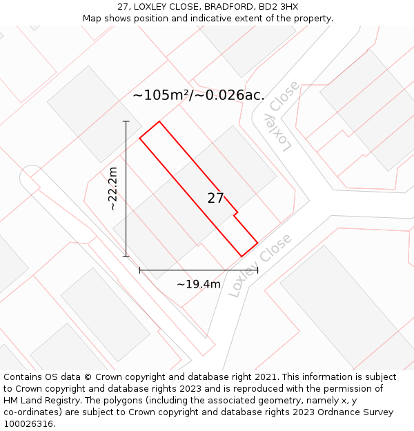 27, LOXLEY CLOSE, BRADFORD, BD2 3HX: Plot and title map
