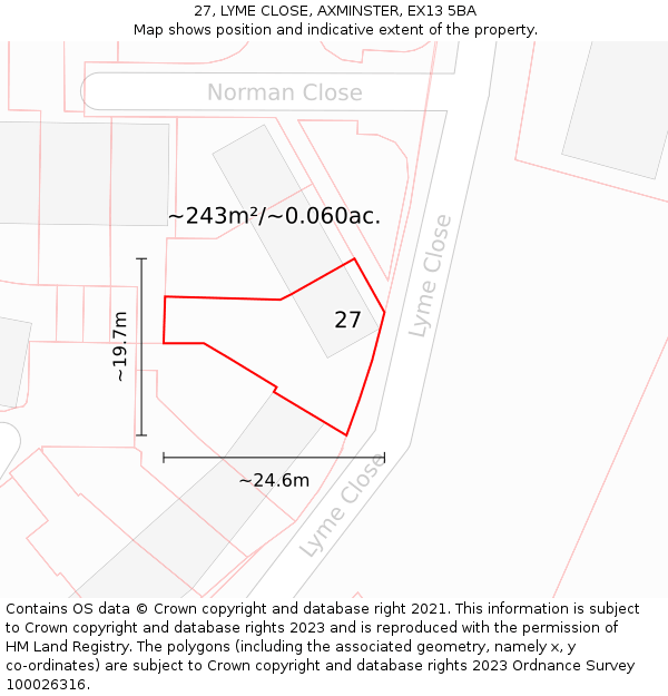27, LYME CLOSE, AXMINSTER, EX13 5BA: Plot and title map