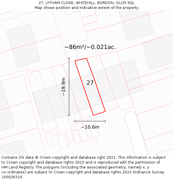 27, LYTHAM CLOSE, WHITEHILL, BORDON, GU35 9QL: Plot and title map
