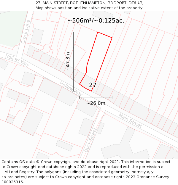 27, MAIN STREET, BOTHENHAMPTON, BRIDPORT, DT6 4BJ: Plot and title map