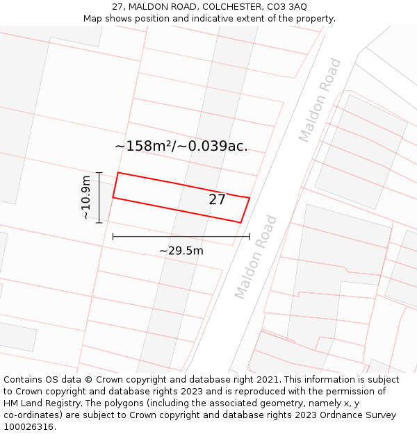 27, MALDON ROAD, COLCHESTER, CO3 3AQ: Plot and title map