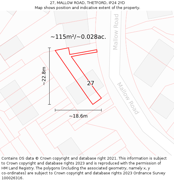 27, MALLOW ROAD, THETFORD, IP24 2YD: Plot and title map