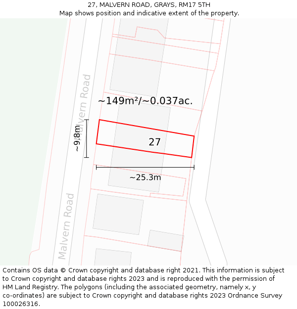 27, MALVERN ROAD, GRAYS, RM17 5TH: Plot and title map