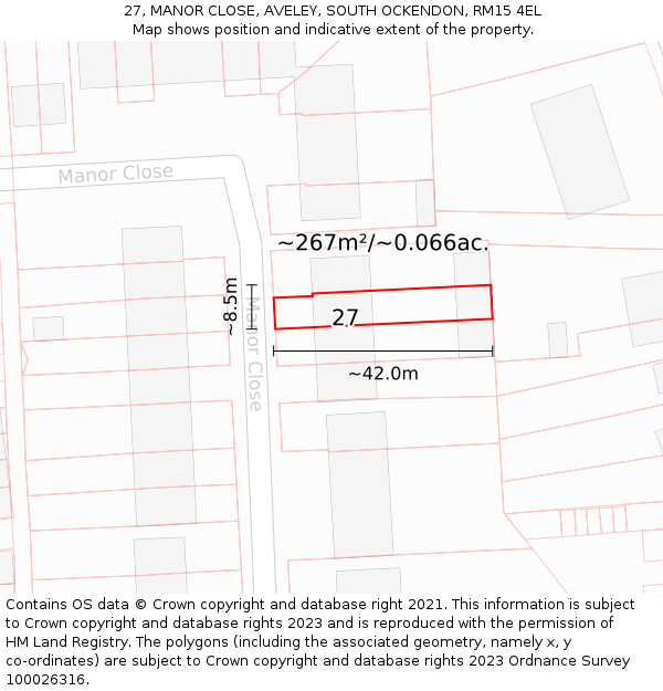 27, MANOR CLOSE, AVELEY, SOUTH OCKENDON, RM15 4EL: Plot and title map