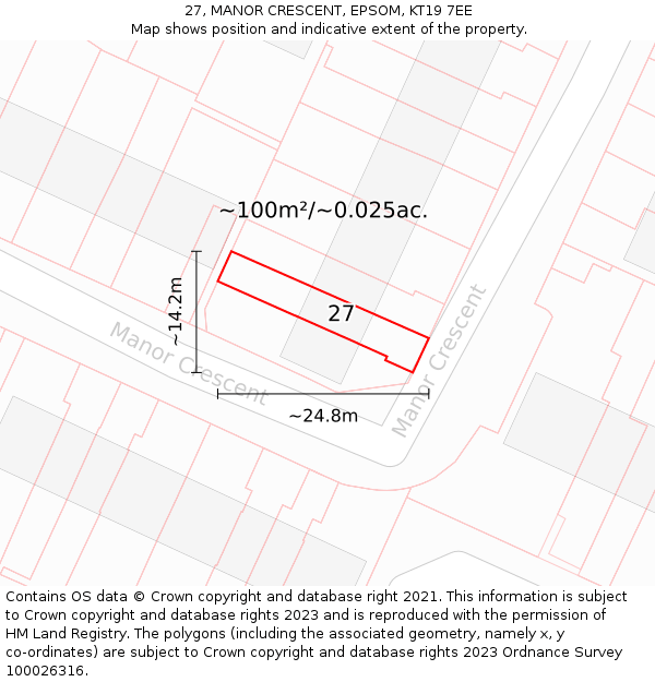 27, MANOR CRESCENT, EPSOM, KT19 7EE: Plot and title map