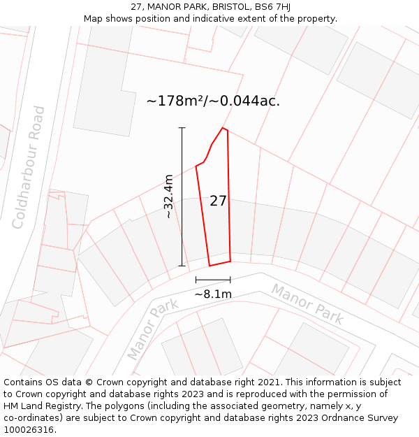 27, MANOR PARK, BRISTOL, BS6 7HJ: Plot and title map