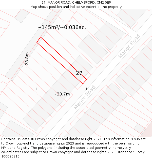 27, MANOR ROAD, CHELMSFORD, CM2 0EP: Plot and title map