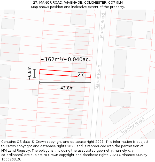 27, MANOR ROAD, WIVENHOE, COLCHESTER, CO7 9LN: Plot and title map