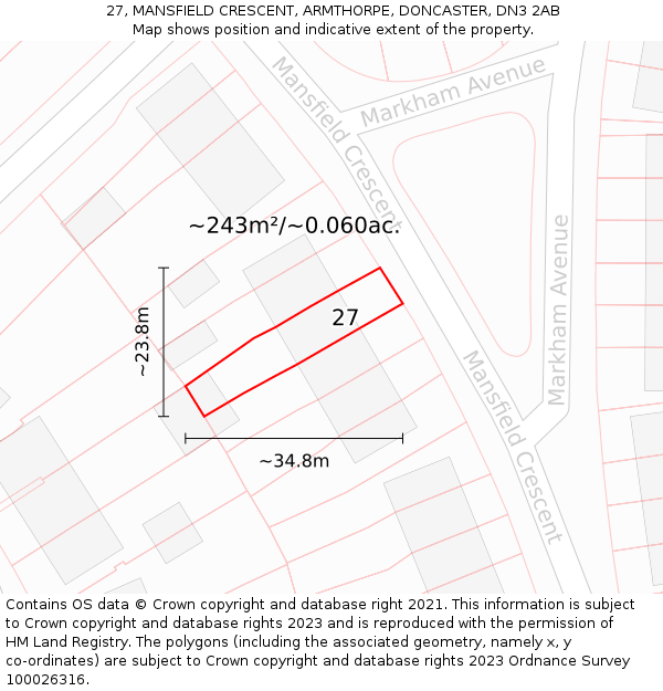27, MANSFIELD CRESCENT, ARMTHORPE, DONCASTER, DN3 2AB: Plot and title map