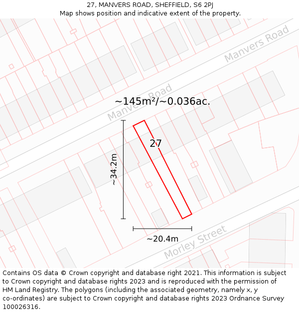 27, MANVERS ROAD, SHEFFIELD, S6 2PJ: Plot and title map