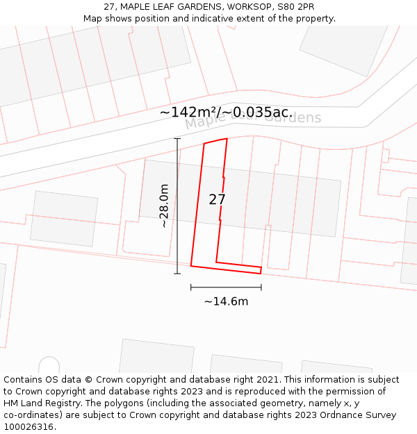 27, MAPLE LEAF GARDENS, WORKSOP, S80 2PR: Plot and title map