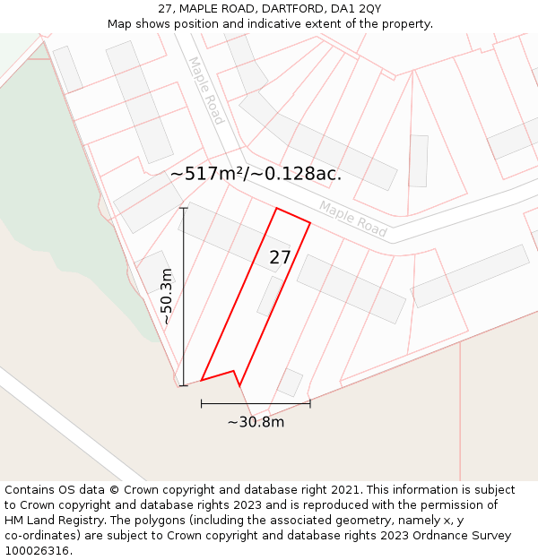 27, MAPLE ROAD, DARTFORD, DA1 2QY: Plot and title map