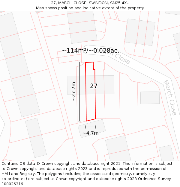 27, MARCH CLOSE, SWINDON, SN25 4XU: Plot and title map