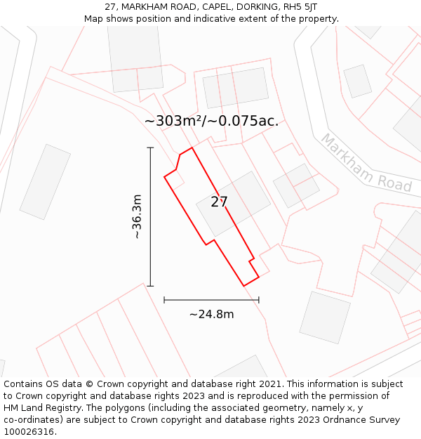 27, MARKHAM ROAD, CAPEL, DORKING, RH5 5JT: Plot and title map