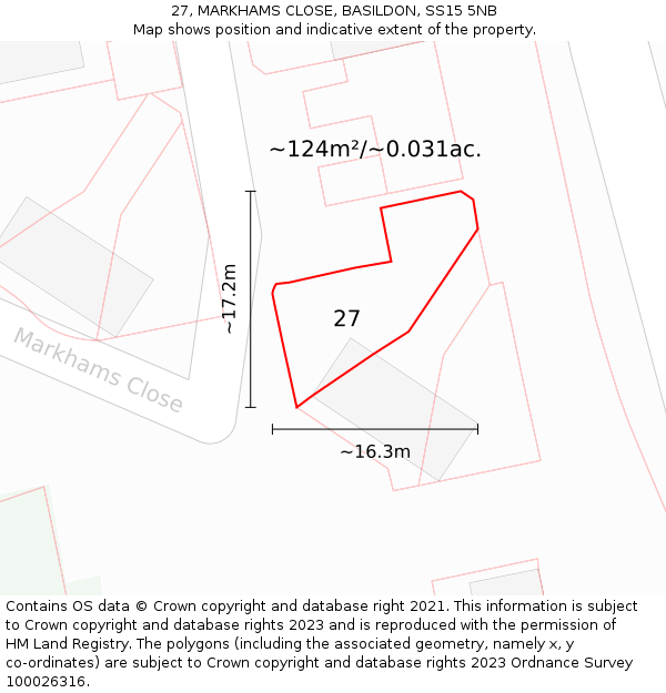 27, MARKHAMS CLOSE, BASILDON, SS15 5NB: Plot and title map