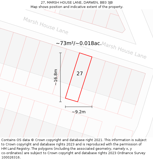 27, MARSH HOUSE LANE, DARWEN, BB3 3JB: Plot and title map