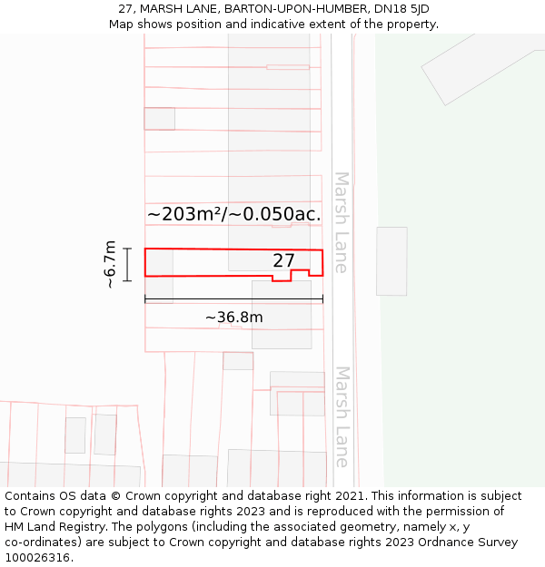 27, MARSH LANE, BARTON-UPON-HUMBER, DN18 5JD: Plot and title map