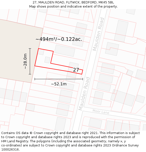 27, MAULDEN ROAD, FLITWICK, BEDFORD, MK45 5BL: Plot and title map