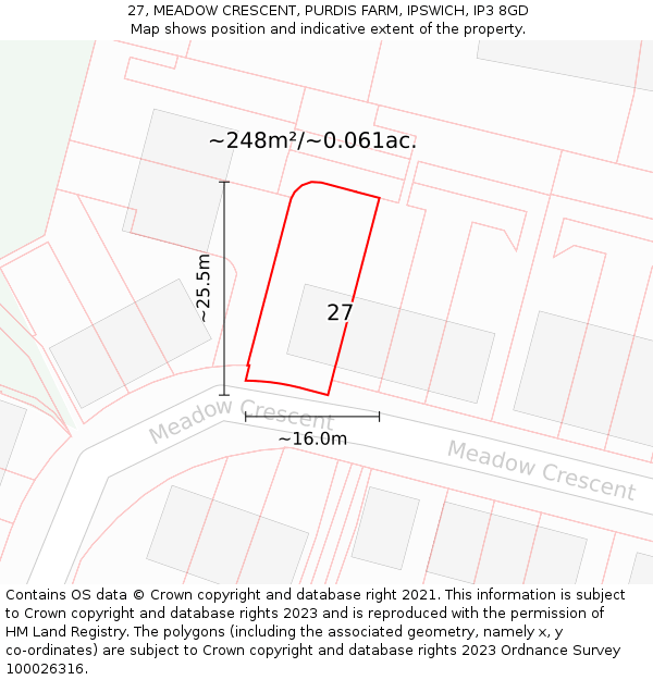 27, MEADOW CRESCENT, PURDIS FARM, IPSWICH, IP3 8GD: Plot and title map