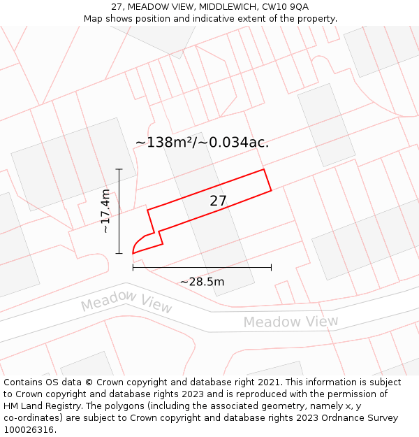 27, MEADOW VIEW, MIDDLEWICH, CW10 9QA: Plot and title map