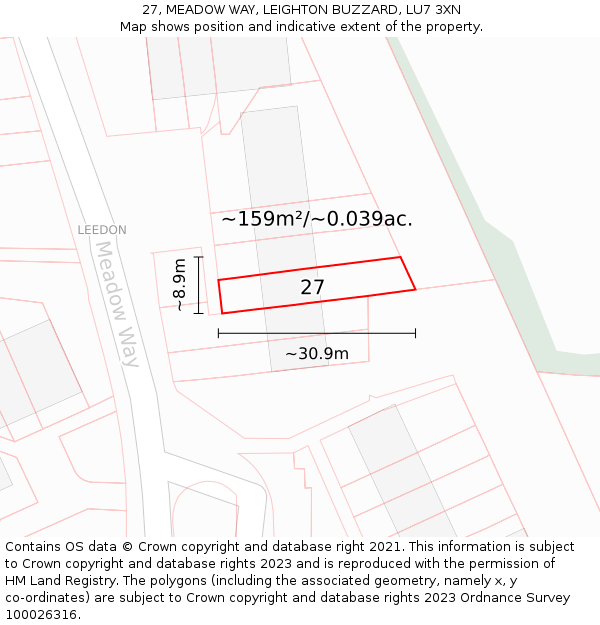 27, MEADOW WAY, LEIGHTON BUZZARD, LU7 3XN: Plot and title map