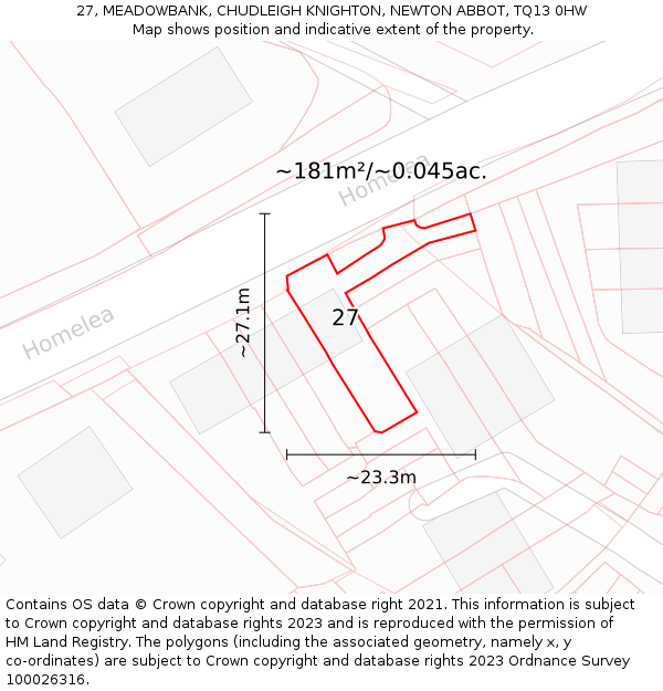 27, MEADOWBANK, CHUDLEIGH KNIGHTON, NEWTON ABBOT, TQ13 0HW: Plot and title map
