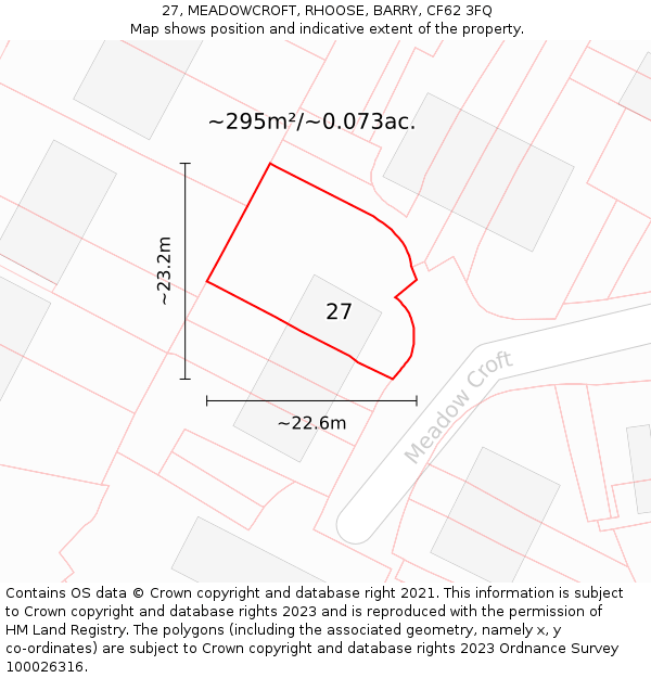 27, MEADOWCROFT, RHOOSE, BARRY, CF62 3FQ: Plot and title map