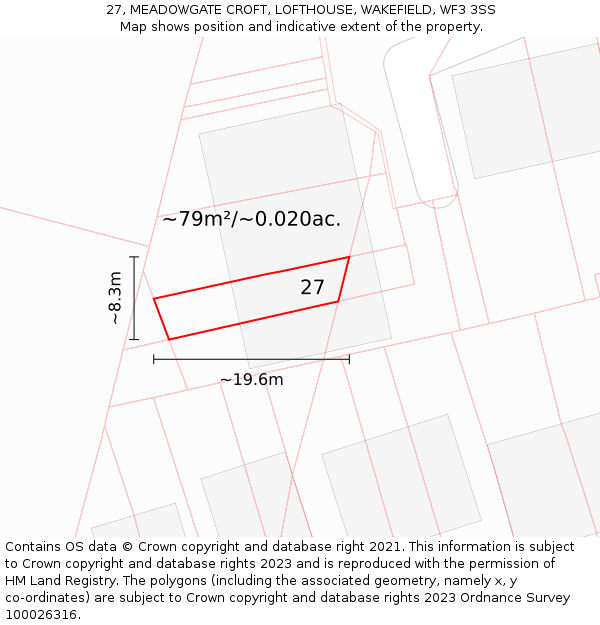 27, MEADOWGATE CROFT, LOFTHOUSE, WAKEFIELD, WF3 3SS: Plot and title map