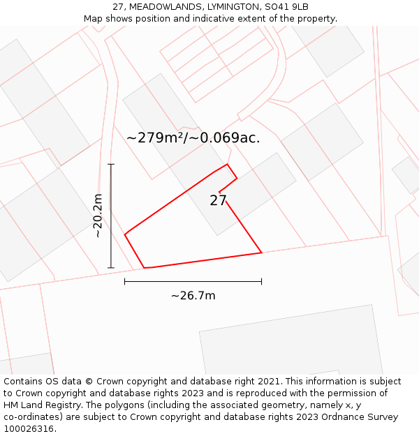 27, MEADOWLANDS, LYMINGTON, SO41 9LB: Plot and title map
