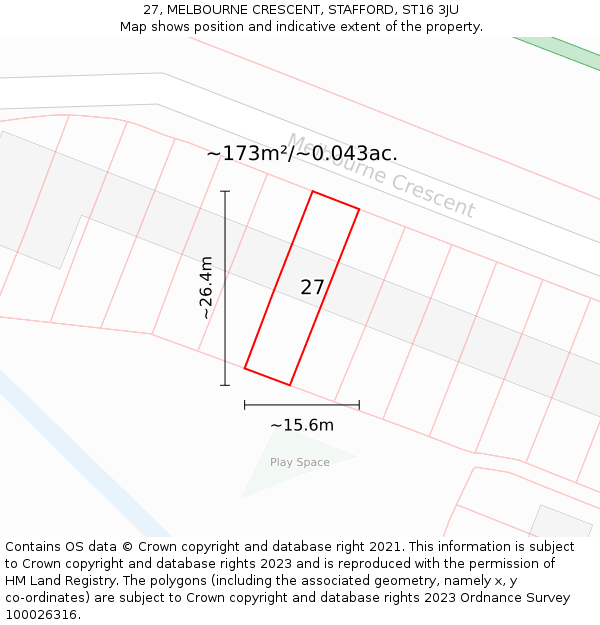 27, MELBOURNE CRESCENT, STAFFORD, ST16 3JU: Plot and title map