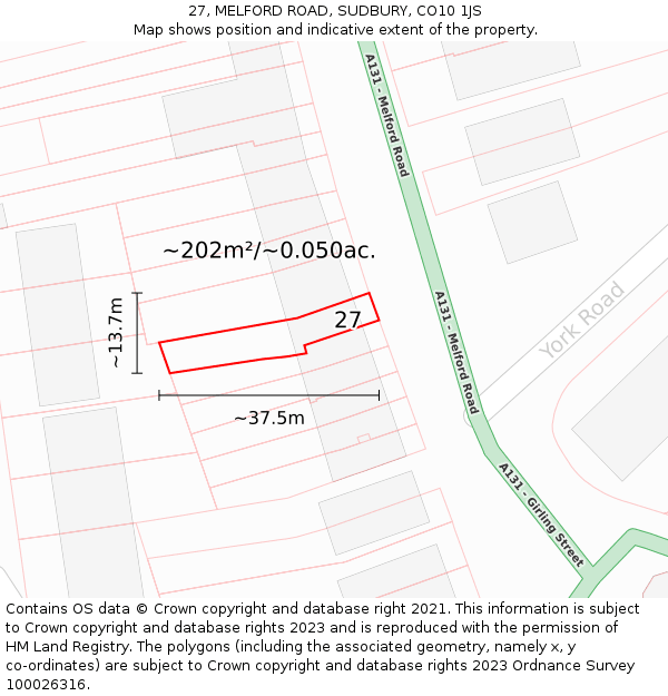 27, MELFORD ROAD, SUDBURY, CO10 1JS: Plot and title map