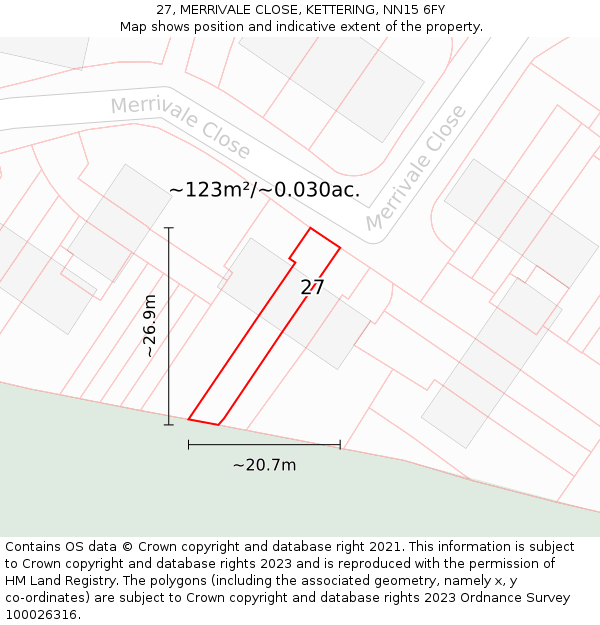 27, MERRIVALE CLOSE, KETTERING, NN15 6FY: Plot and title map
