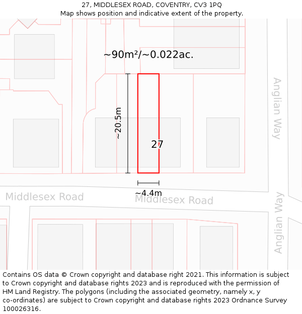 27, MIDDLESEX ROAD, COVENTRY, CV3 1PQ: Plot and title map