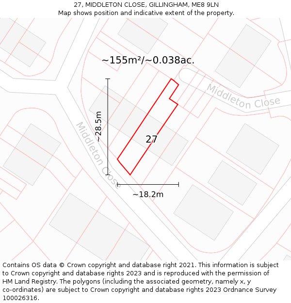 27, MIDDLETON CLOSE, GILLINGHAM, ME8 9LN: Plot and title map