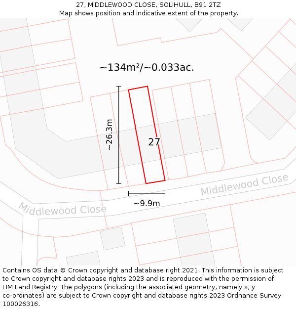 27, MIDDLEWOOD CLOSE, SOLIHULL, B91 2TZ: Plot and title map