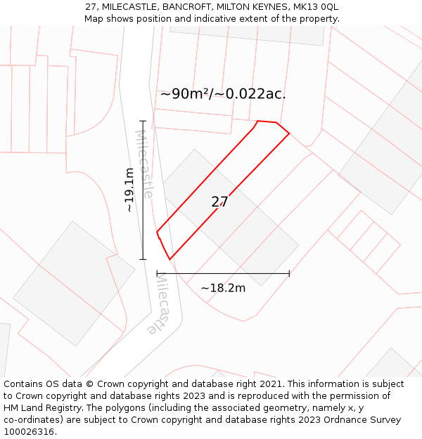 27, MILECASTLE, BANCROFT, MILTON KEYNES, MK13 0QL: Plot and title map