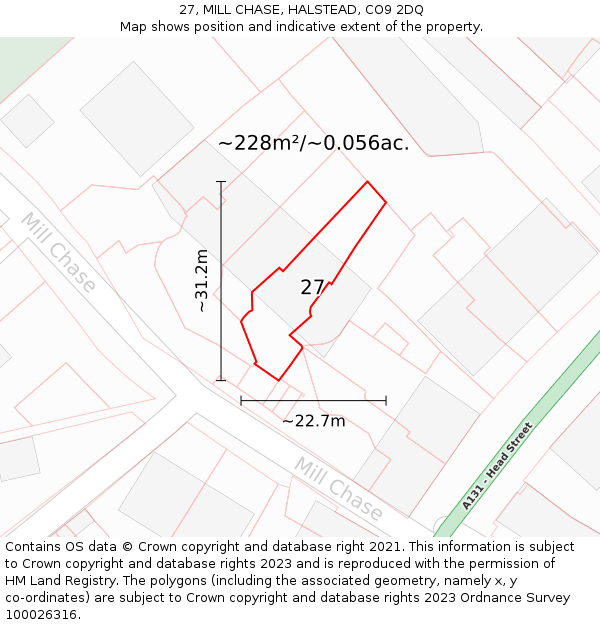 27, MILL CHASE, HALSTEAD, CO9 2DQ: Plot and title map