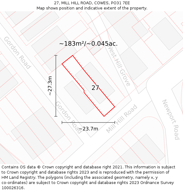27, MILL HILL ROAD, COWES, PO31 7EE: Plot and title map