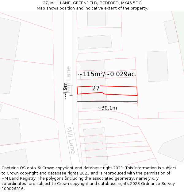 27, MILL LANE, GREENFIELD, BEDFORD, MK45 5DG: Plot and title map