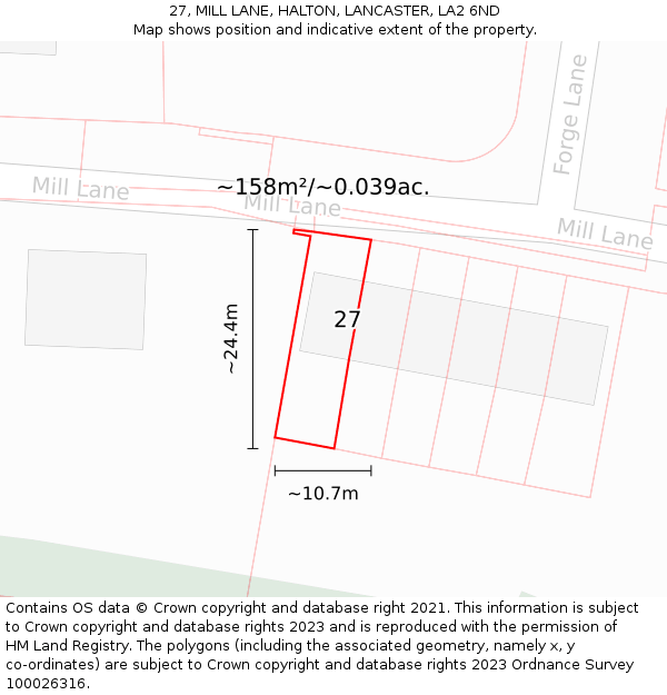 27, MILL LANE, HALTON, LANCASTER, LA2 6ND: Plot and title map