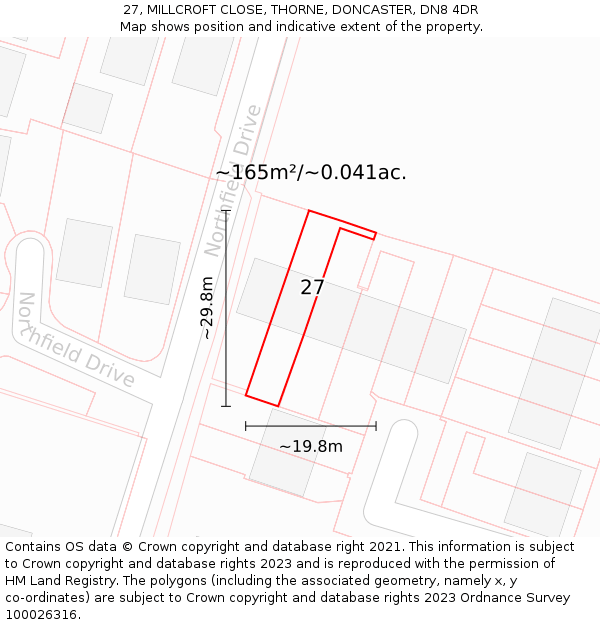 27, MILLCROFT CLOSE, THORNE, DONCASTER, DN8 4DR: Plot and title map
