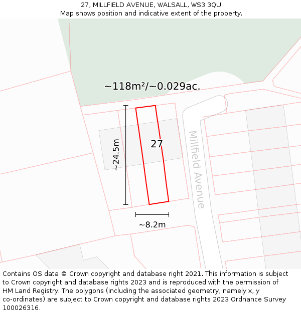 27, MILLFIELD AVENUE, WALSALL, WS3 3QU: Plot and title map