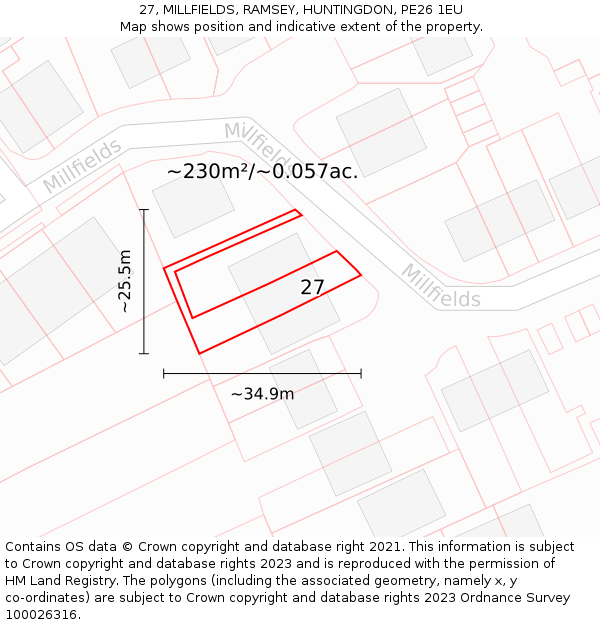 27, MILLFIELDS, RAMSEY, HUNTINGDON, PE26 1EU: Plot and title map