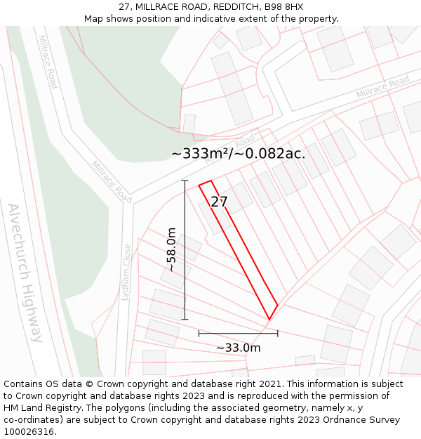 27, MILLRACE ROAD, REDDITCH, B98 8HX: Plot and title map
