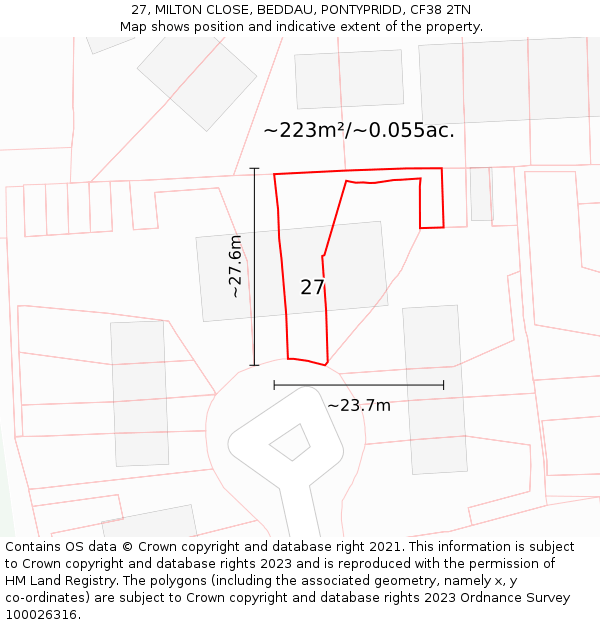 27, MILTON CLOSE, BEDDAU, PONTYPRIDD, CF38 2TN: Plot and title map
