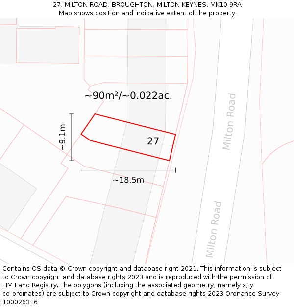 27, MILTON ROAD, BROUGHTON, MILTON KEYNES, MK10 9RA: Plot and title map