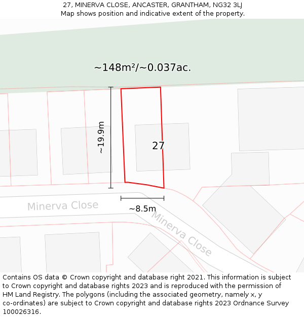 27, MINERVA CLOSE, ANCASTER, GRANTHAM, NG32 3LJ: Plot and title map